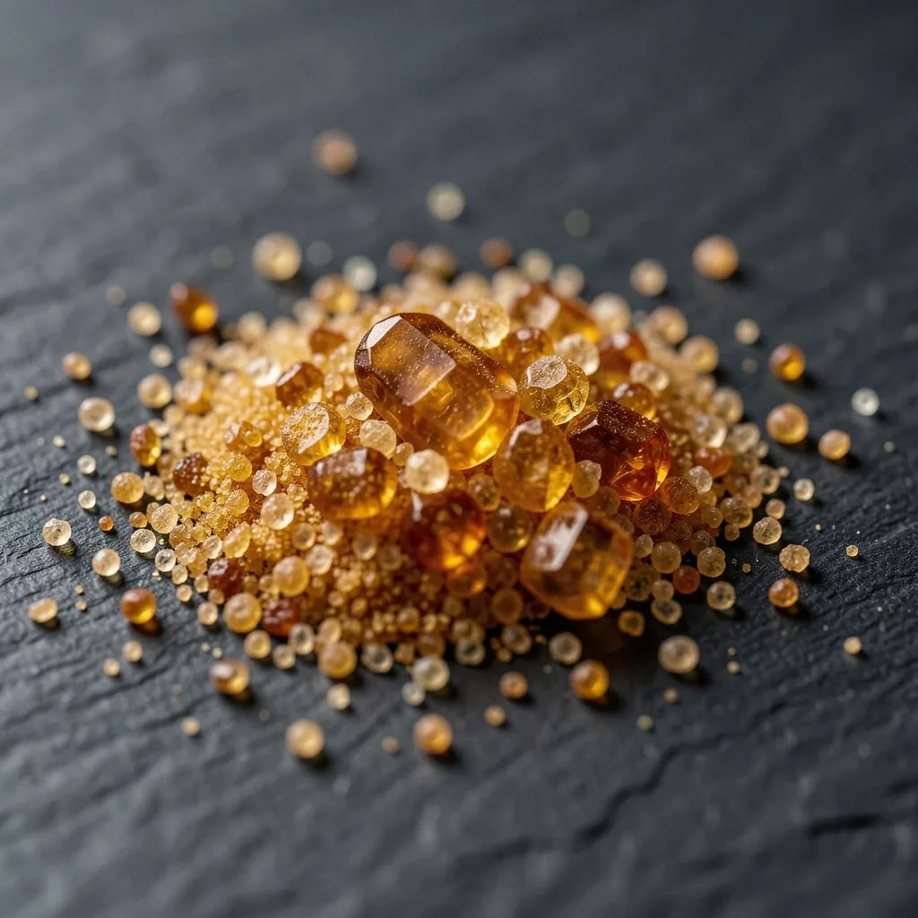 Close-up of crystalline vitamin powder on a dark surface